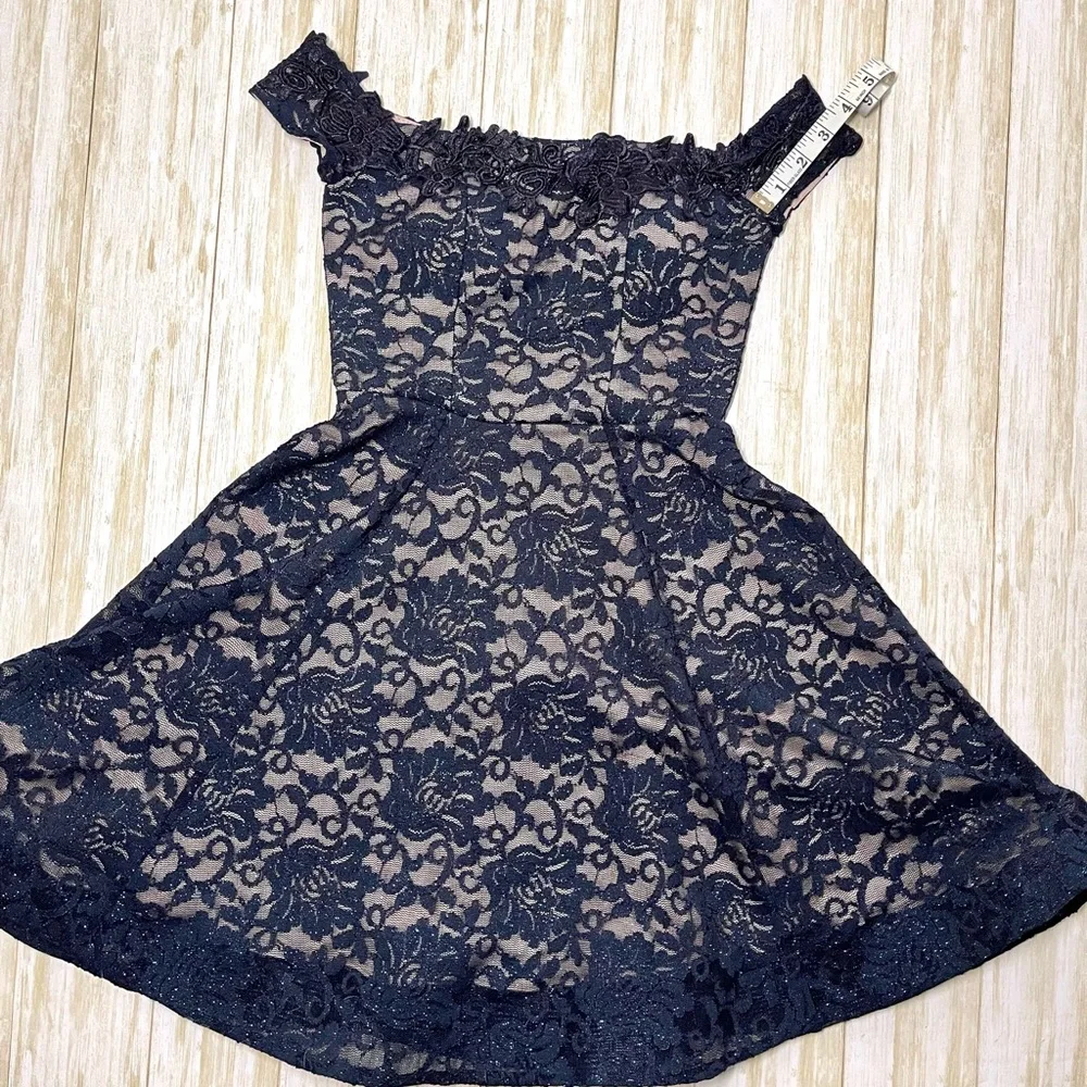 Sequin Hearts Off the Shoulder Navy Short Formal/cocktail Glitter Lace Dress 0 - Picture 5 of 9